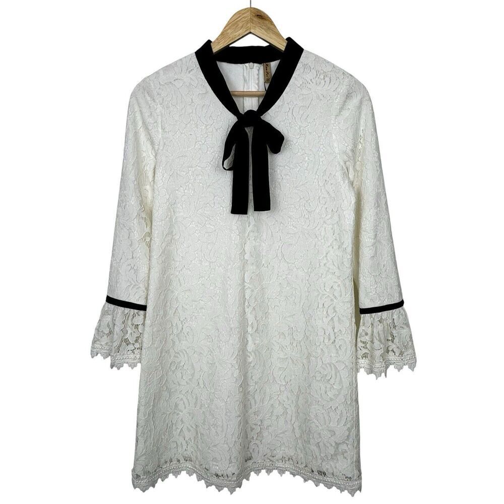 NEW Women Lace Dress 3/4 Sleeve M White Black Fleece Lined‎ Coquette Ruffle